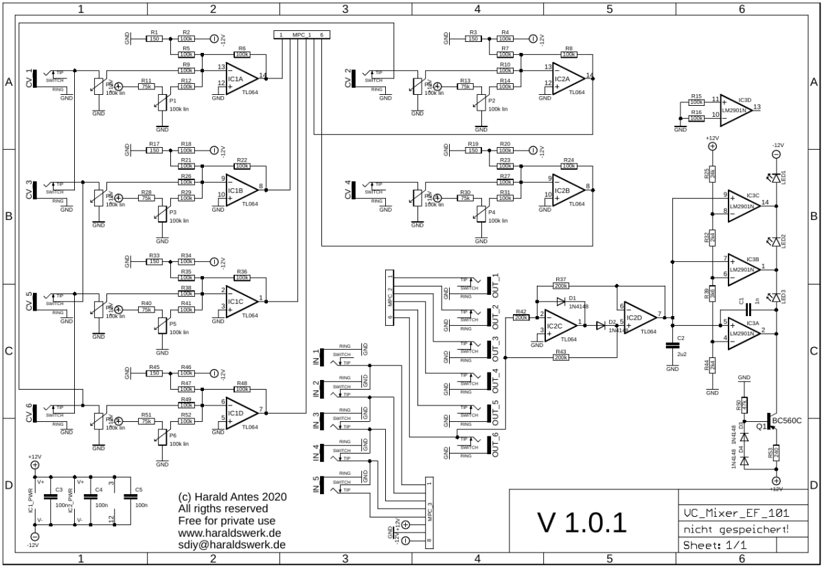 Voltage controlled mixer-VCA schematic control board